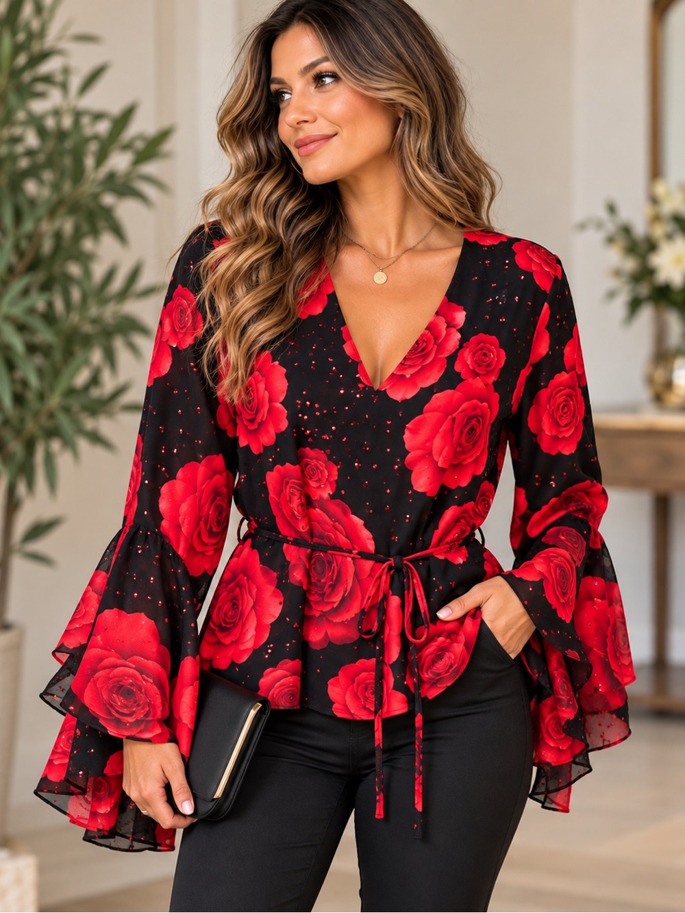 Dressbarn Red Rose Floral Sparkle Bell Sleeve Tie Waist Blouse